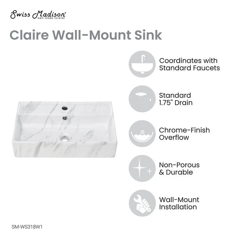 Claire 22" White Marble Ceramic Wall-Mount Bathroom Sink