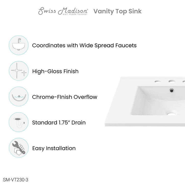 White Ceramic 30" Vanity Top Bathroom Sink with Three Holes