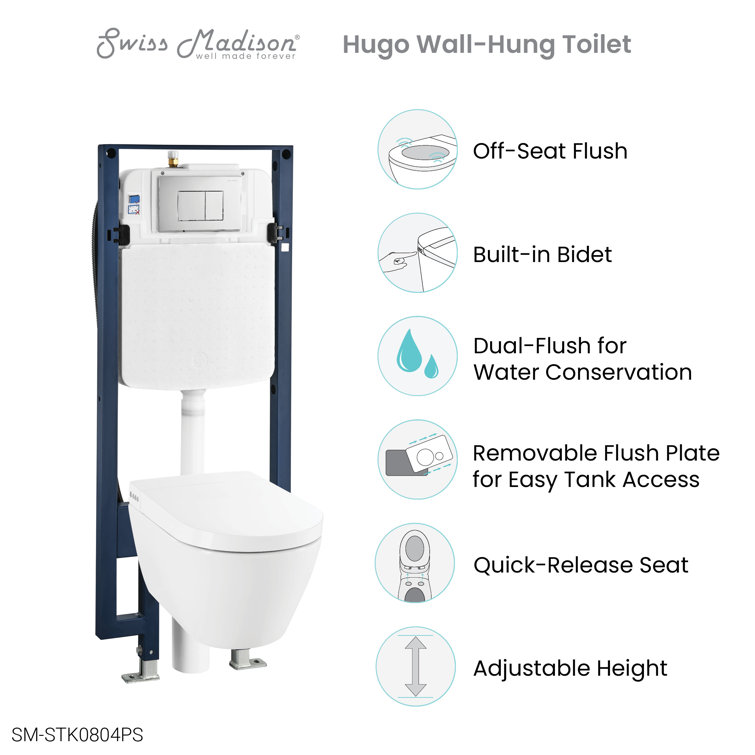 Hugo White Glossy Wall-Hung Elongated Smart Toilet with Bidet