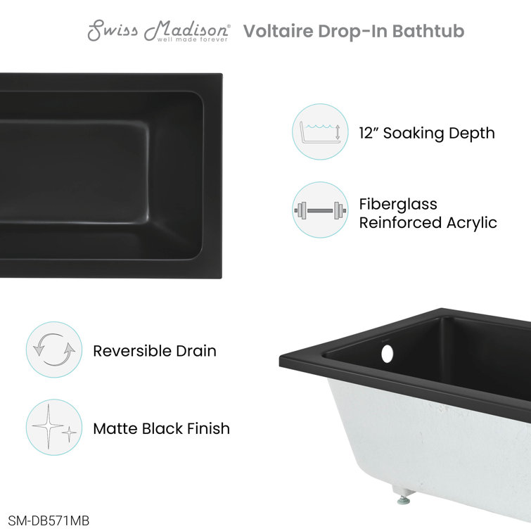 Matte Black Acrylic Drop-In Bathtub with Reversible Drain