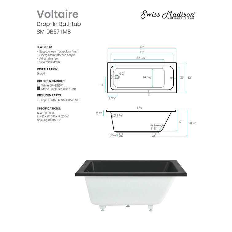 Matte Black Acrylic Drop-In Bathtub with Reversible Drain