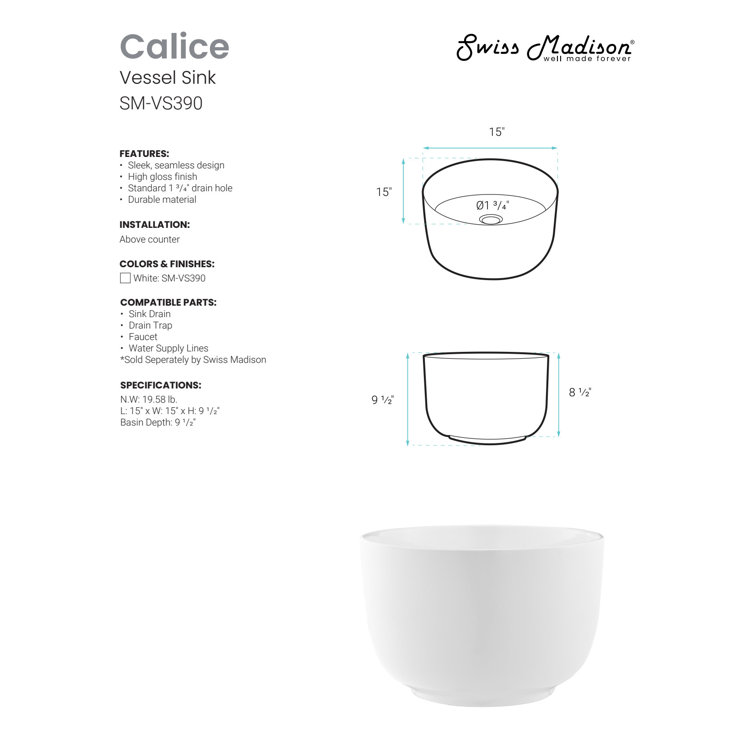 Calice 15'' White Ceramic Round Vessel Sink