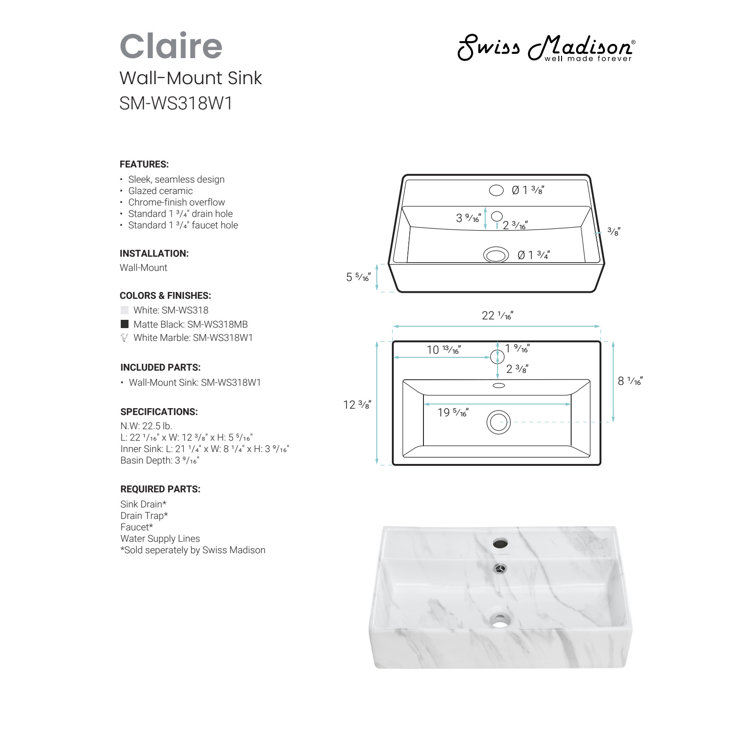 Claire 22" White Marble Ceramic Wall-Mount Bathroom Sink