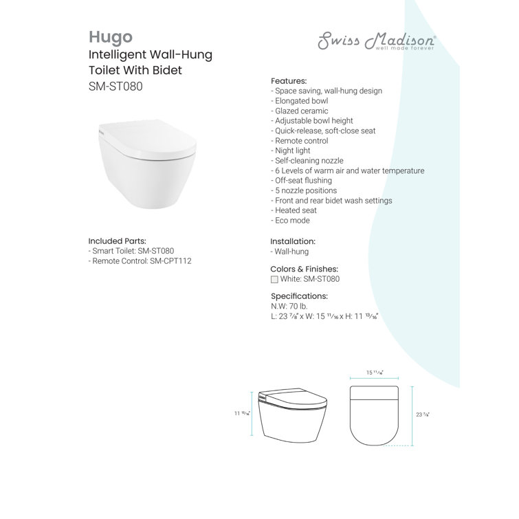 Hugo White Glossy Wall-Hung Elongated Smart Toilet with Bidet