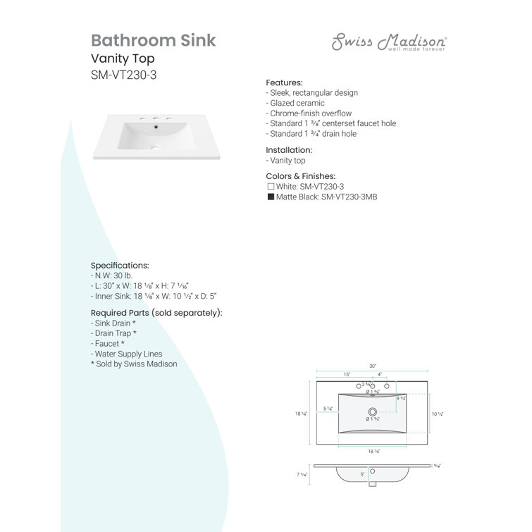 White Ceramic 30" Vanity Top Bathroom Sink with Three Holes