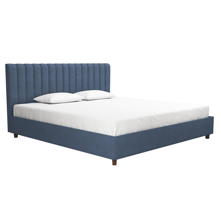 Brittany Blue Linen King Upholstered Platform Bed with Tufted Headboard