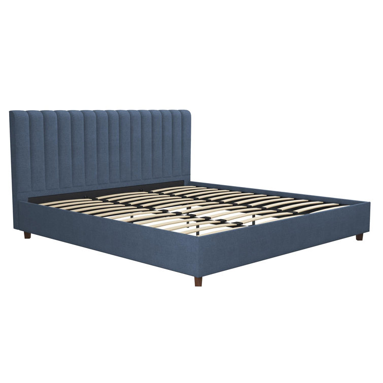 Brittany Blue Linen King Upholstered Platform Bed with Tufted Headboard