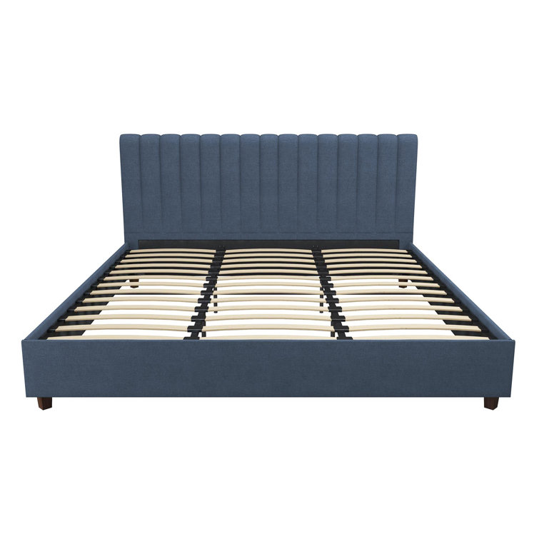 Brittany Blue Linen King Upholstered Platform Bed with Tufted Headboard