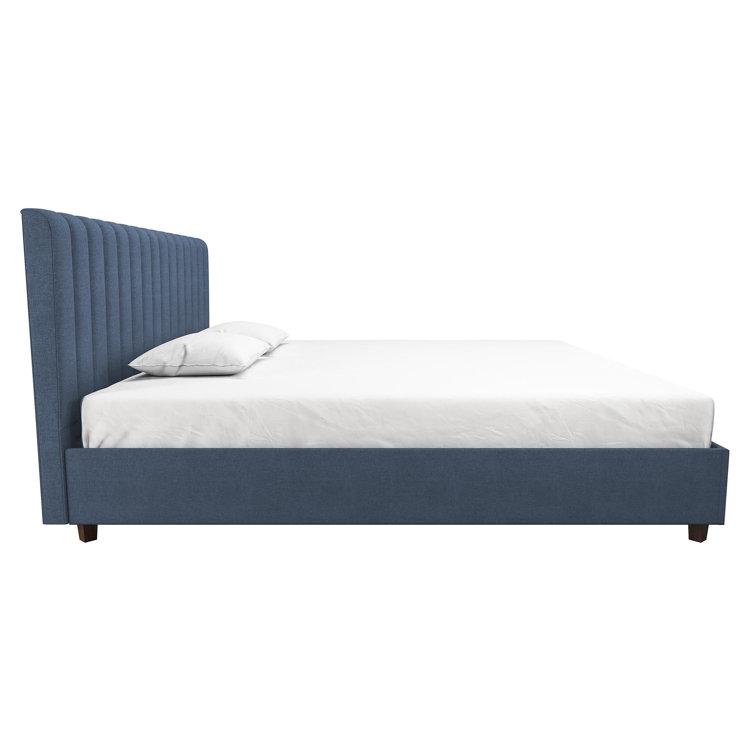 Brittany Blue Linen King Upholstered Platform Bed with Tufted Headboard
