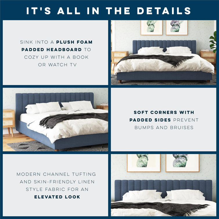 Brittany Blue Linen King Upholstered Platform Bed with Tufted Headboard