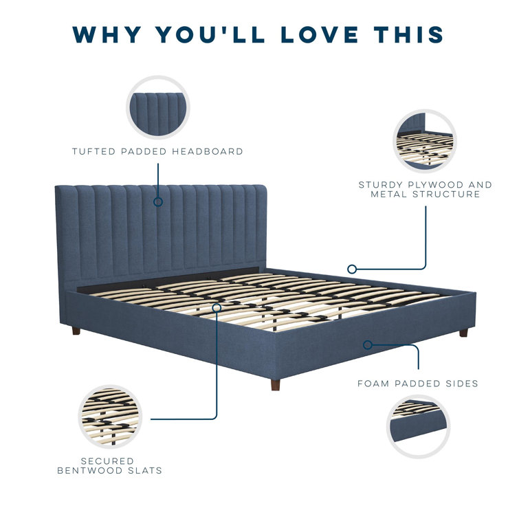 Brittany Blue Linen King Upholstered Platform Bed with Tufted Headboard