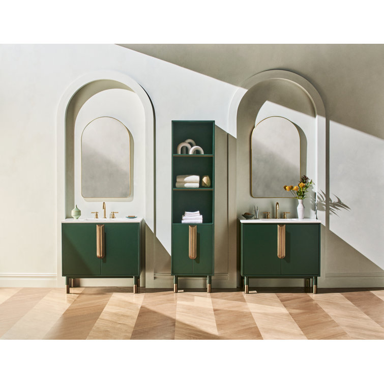 Sand and Brass Freestanding Linen Cabinet with Adjustable Shelves