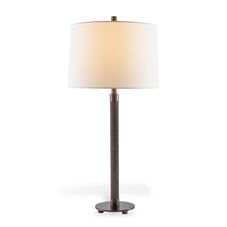 Antiqued Bronze Industrial Table Lamp with Beige Linen Shade