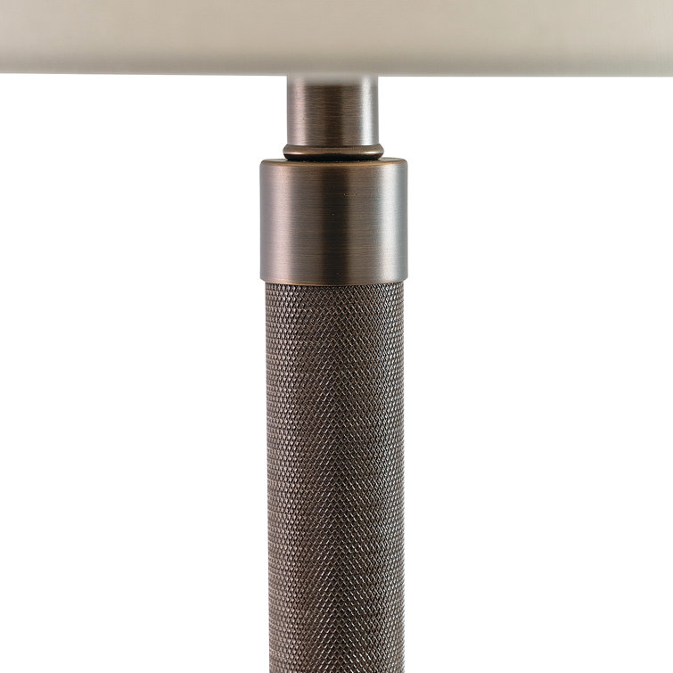 Antiqued Bronze Industrial Table Lamp with Beige Linen Shade