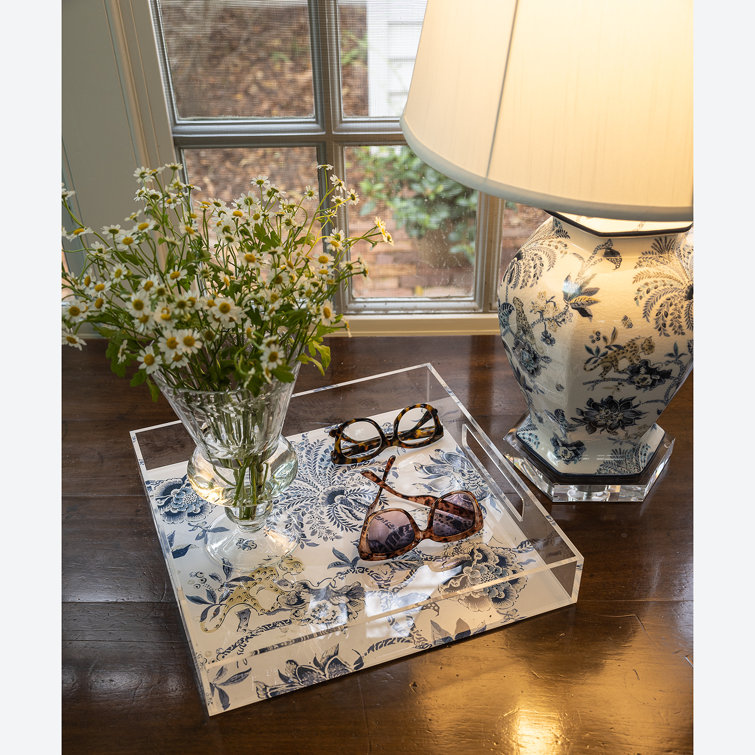 Green and White Acrylic Decorative Tray with Floral Design