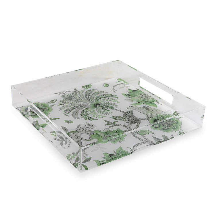 Green and White Acrylic Decorative Tray with Floral Design