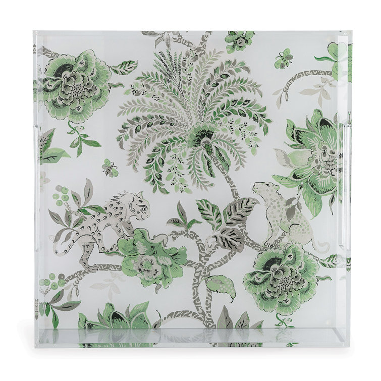 Green and White Acrylic Decorative Tray with Floral Design