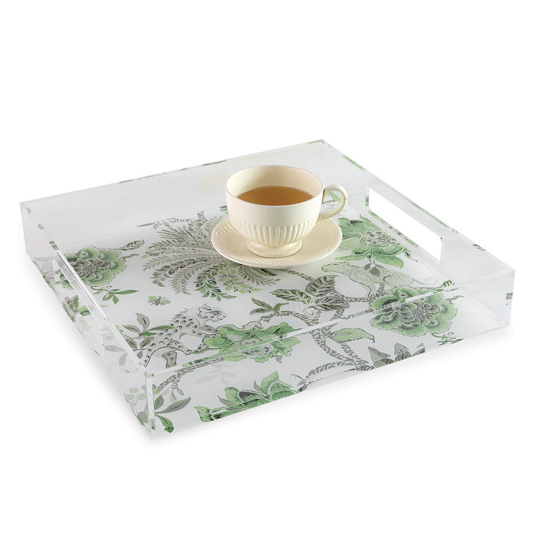 Green and White Acrylic Decorative Tray with Floral Design