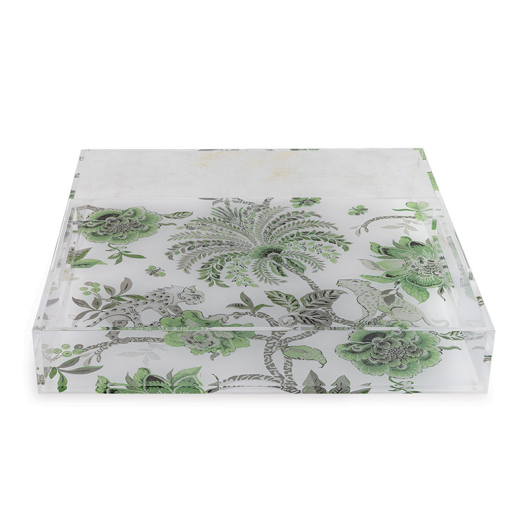 Green and White Acrylic Decorative Tray with Floral Design