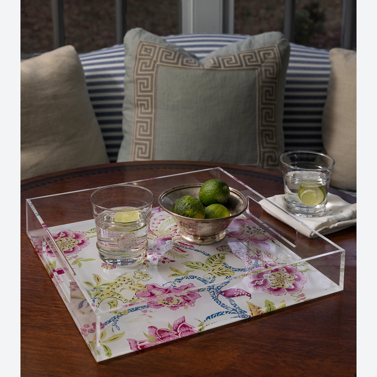 Green and White Acrylic Decorative Tray with Floral Design