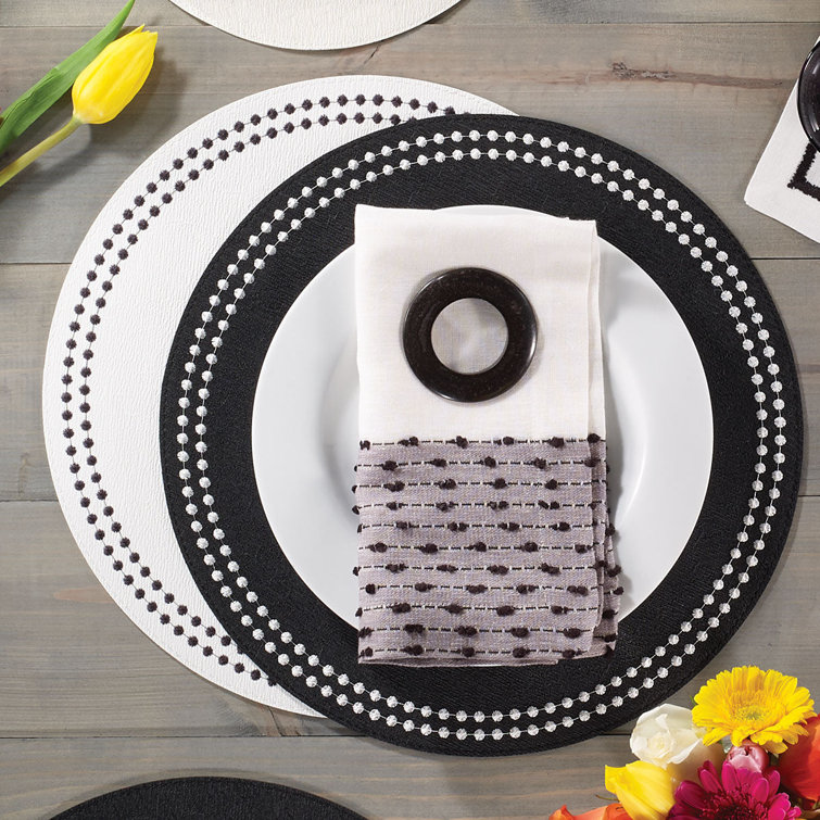 Black and White Vinyl Embroidered Round Placemat Set