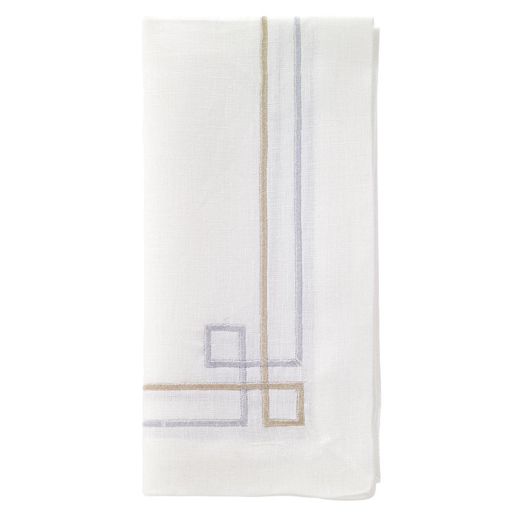 White Linen Napkins with Silver and Gold Embroidery - Set of 4