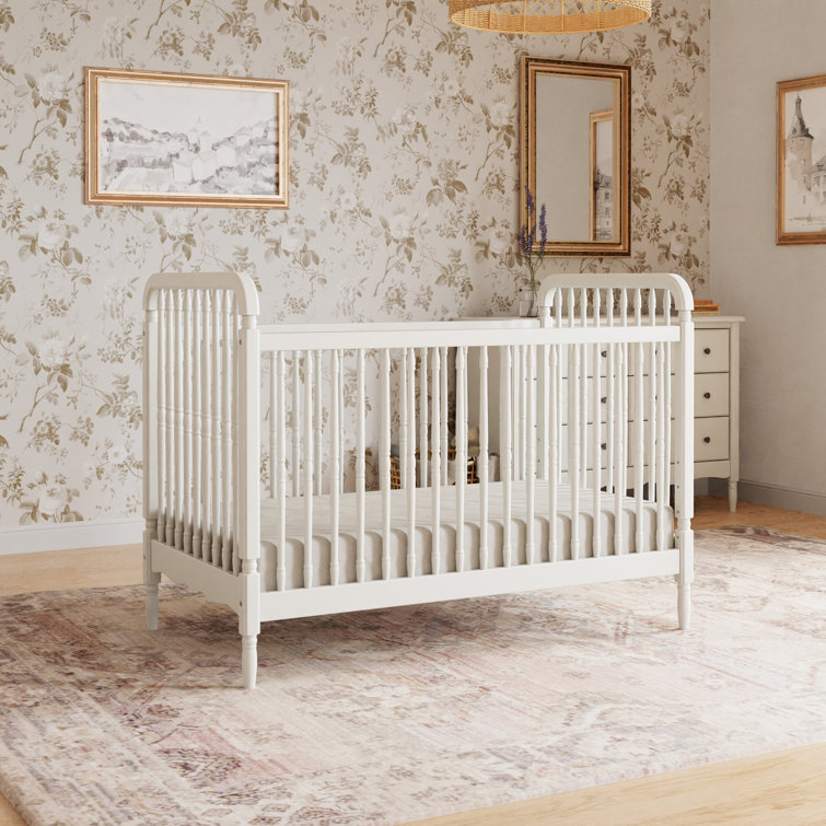 Warm White Pinewood Spindle Toddler Crib with Scallop Embellishment