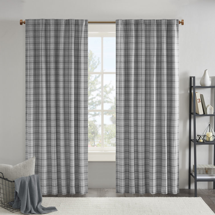 Gray Plaid Light-Filtering Polyester Curtain Panel with Fleece Lining