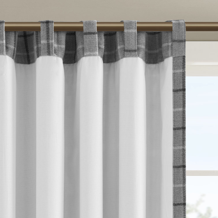 Gray Plaid Light-Filtering Polyester Curtain Panel with Fleece Lining