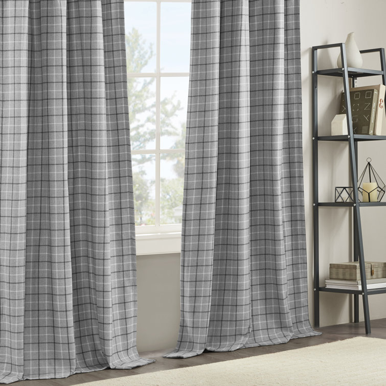 Gray Plaid Light-Filtering Polyester Curtain Panel with Fleece Lining