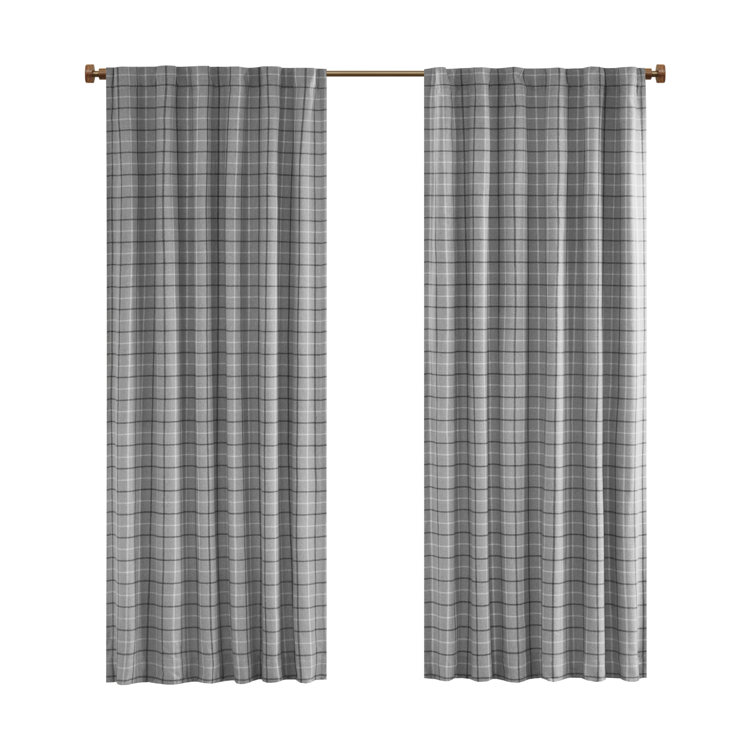 Gray Plaid Light-Filtering Polyester Curtain Panel with Fleece Lining