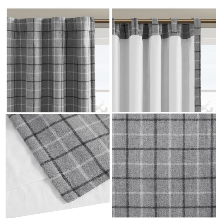 Gray Plaid Light-Filtering Polyester Curtain Panel with Fleece Lining