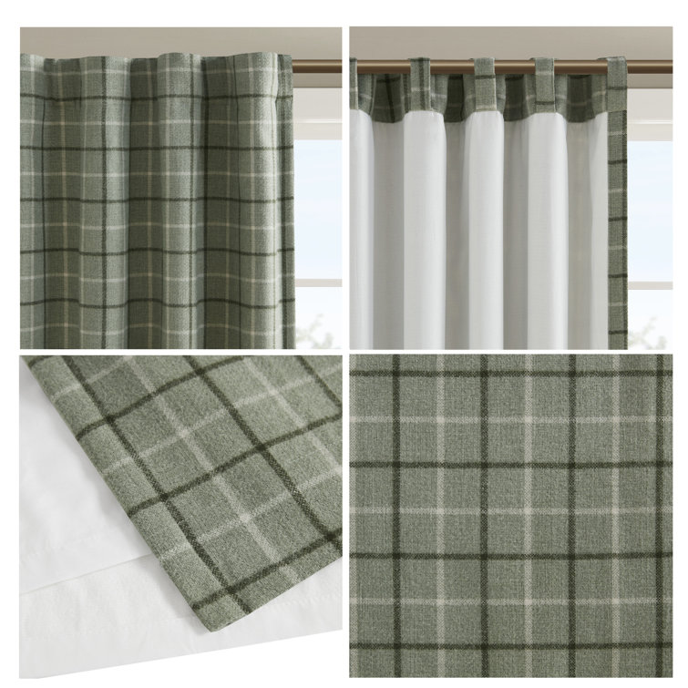 Green Plaid Light-Filtering Polyester Curtain Panel