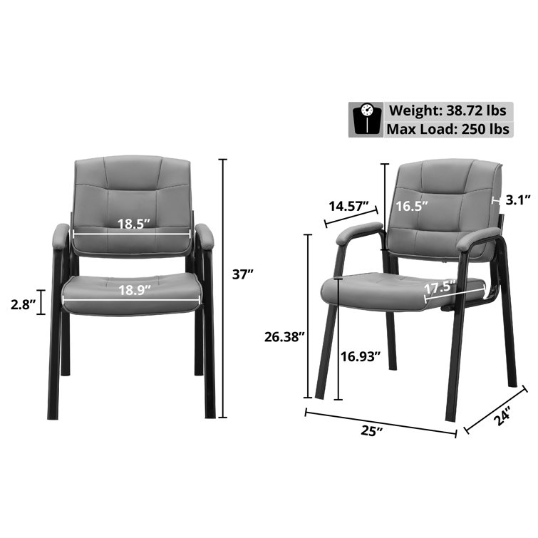Gray Faux Leather and Metal Office Guest Chairs with Armrests, Set of 2