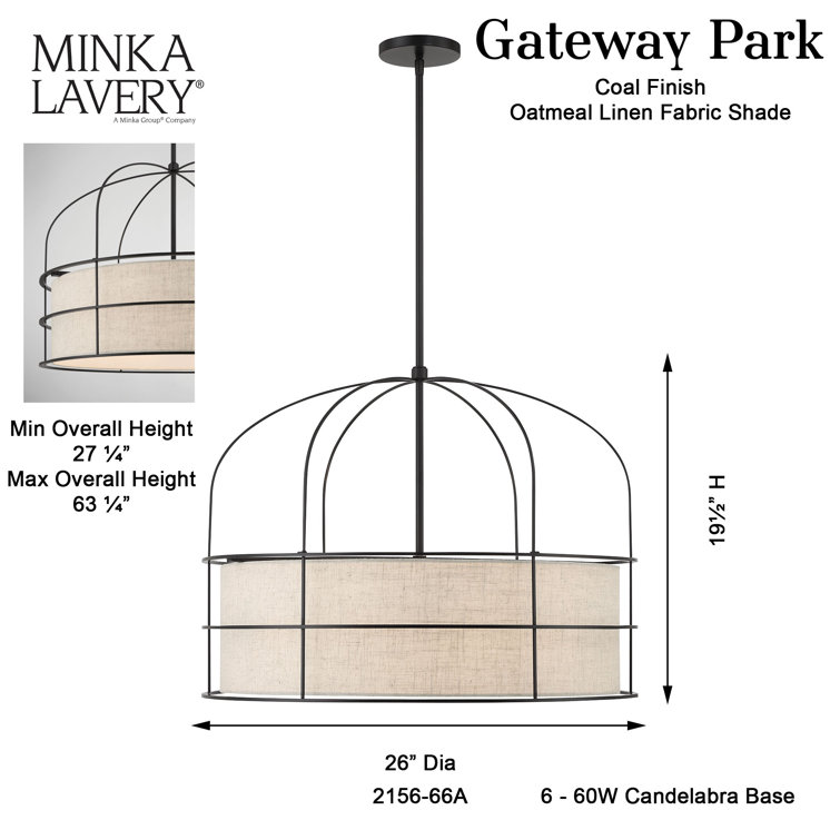 Coal Finish Brass 6-Light Drum Pendant for Indoor/Outdoor