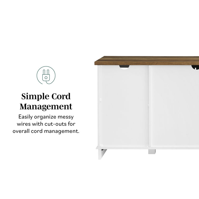 White and Brown MDF Corner TV Stand with Sliding Barn Doors