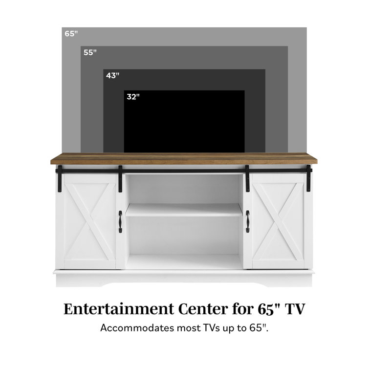 White and Brown MDF Corner TV Stand with Sliding Barn Doors