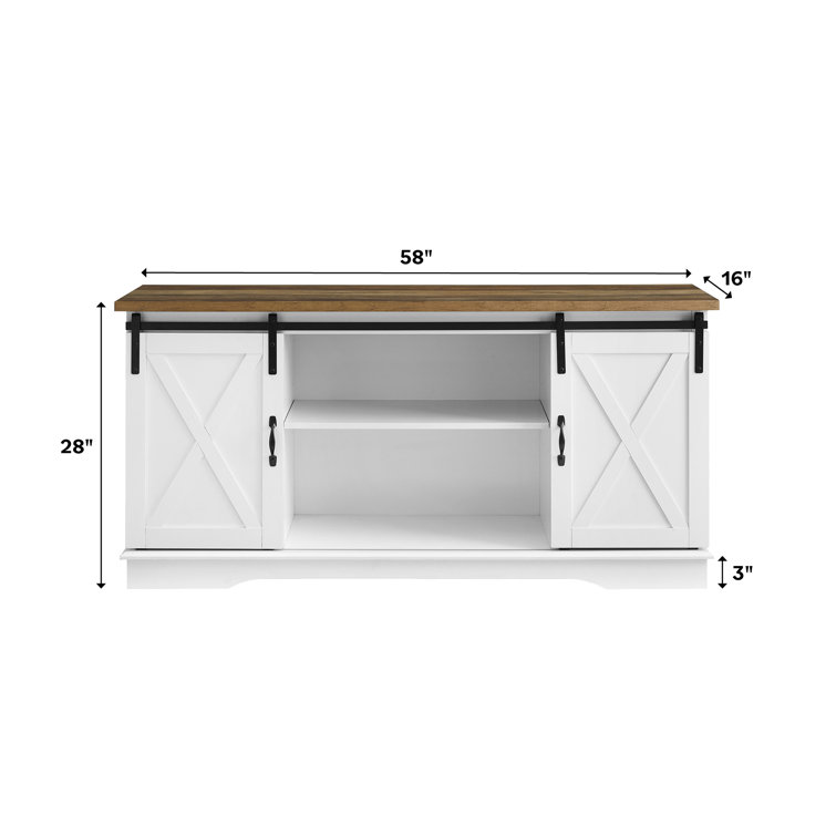 White and Brown MDF Corner TV Stand with Sliding Barn Doors