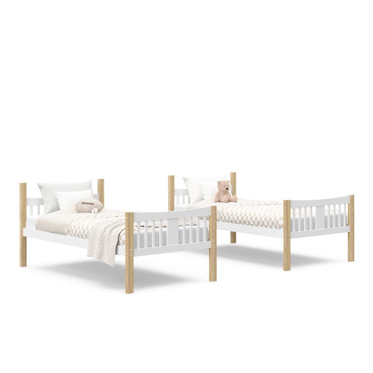 White and Natural Twin Bunk Bed with Wood Frame and Drawer