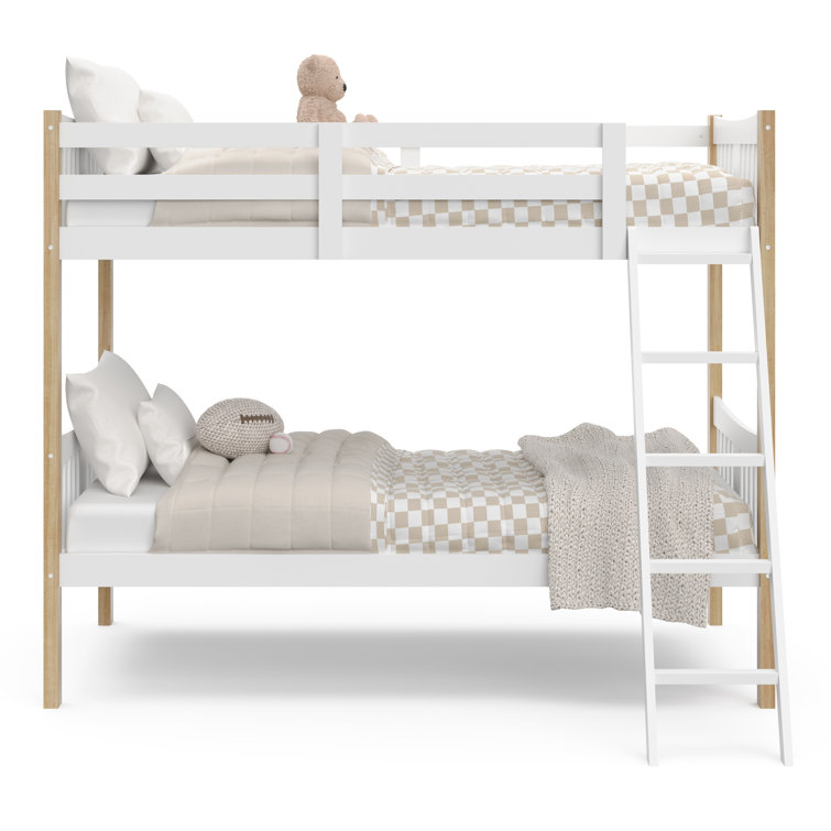 White and Natural Twin Bunk Bed with Wood Frame and Drawer