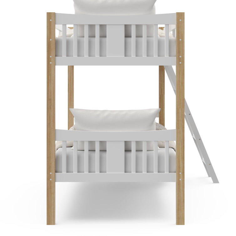 White and Natural Twin Bunk Bed with Wood Frame and Drawer