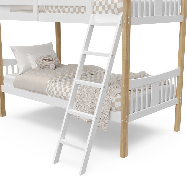 White and Natural Twin Bunk Bed with Wood Frame and Drawer