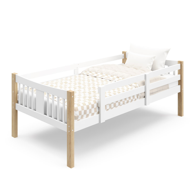 White and Natural Twin Bunk Bed with Wood Frame and Drawer