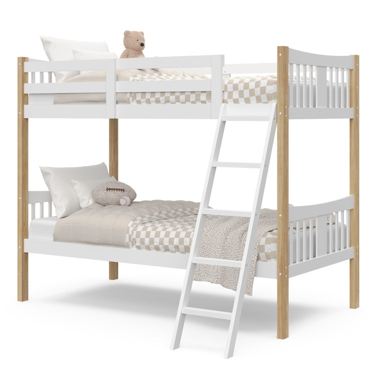 White and Natural Twin Bunk Bed with Wood Frame and Drawer