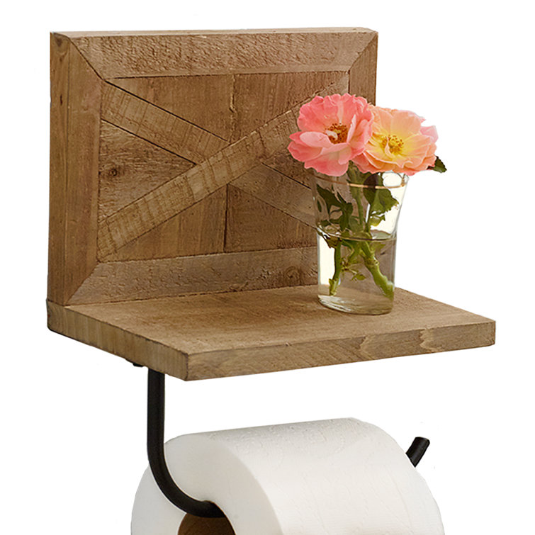 Rustic Brown Wood and Black Metal Toilet Paper Holder with Shelf