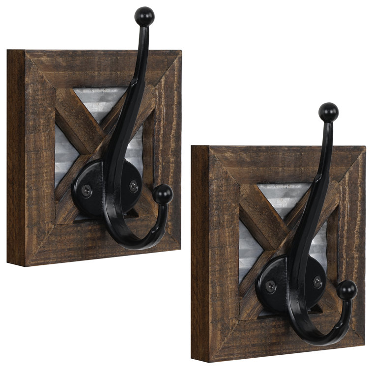 Rustic Brown Wood and Metal Wall Mounted Towel Hooks