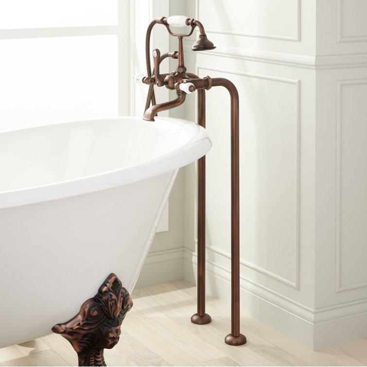 Oil Rubbed Bronze Floor Mounted Tub Faucet with Porcelain Handles