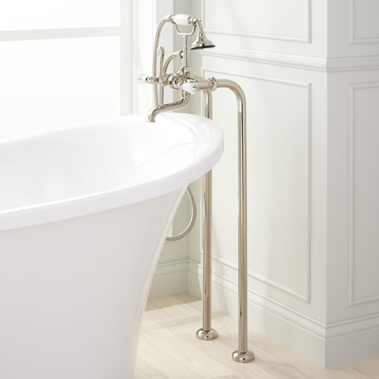 Polished Nickel Floor Mounted Tub Faucet with Porcelain Handles