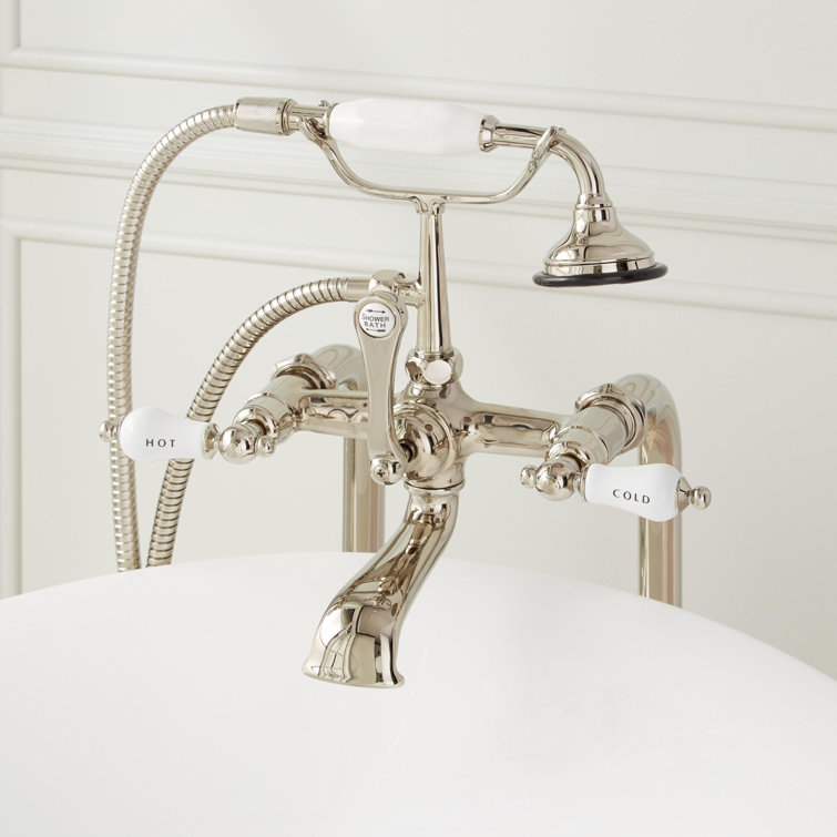 Polished Nickel Floor Mounted Tub Faucet with Porcelain Handles