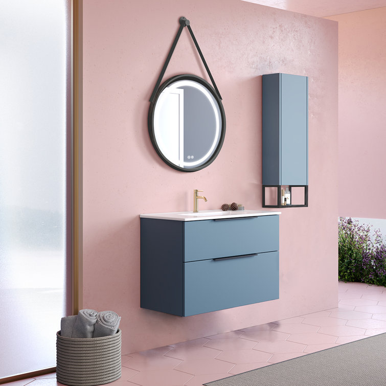 Island Matte Blue MDF Wall-Mounted Vanity with Ceramic Sink